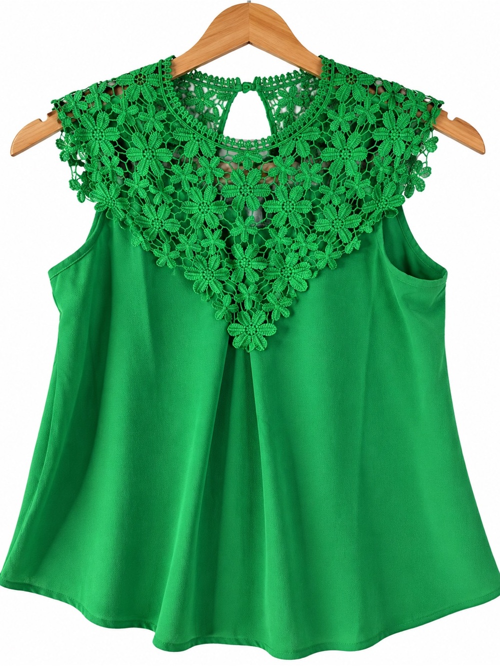 Coco & Shay Green Floral Lace Blouse Medium Sleeveless Crochet Yoke Boho Chic